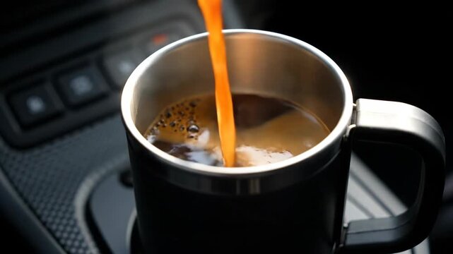 Close-up of a black travel mug being filled with hot coffee inside a car highlighting convenience and lifestyle while showcasing morning routine and caffeine intake