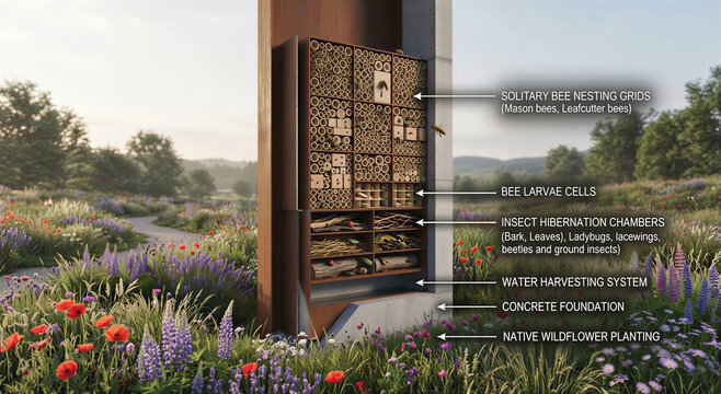 Cross-section diagram of a large insect hotel in a wildflower meadow explaining bee nesting grids, larvae cells, and hibernation chambers for biodiversity.