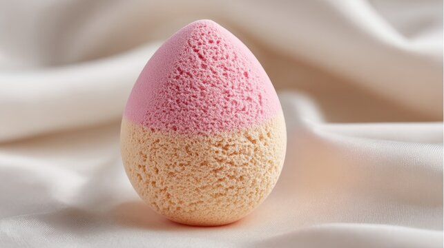A two-toned, egg-shaped object, half pink and half beige, sits on a bed of white, flowing fabric with soft lighting