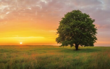 Obraz premium Tree in a field at sunset