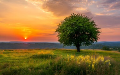 Fototapeta premium Pixel art tree in a field at sunset