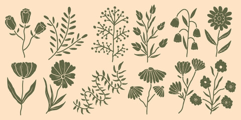 Set of minimalist organic wildflower silhouettes and leaves in hand drawn. Rustic folk art floral doodles for decorative design elements © Wahib