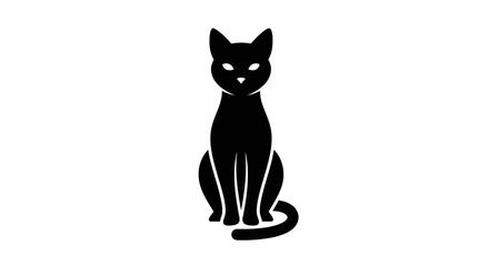 Silhouette of a black cat sitting upright with its tail curled, white background © ARI