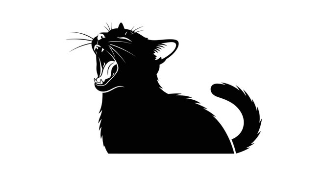 Black Cat Yawning Wide Open Mouth - Silhouette on White Background