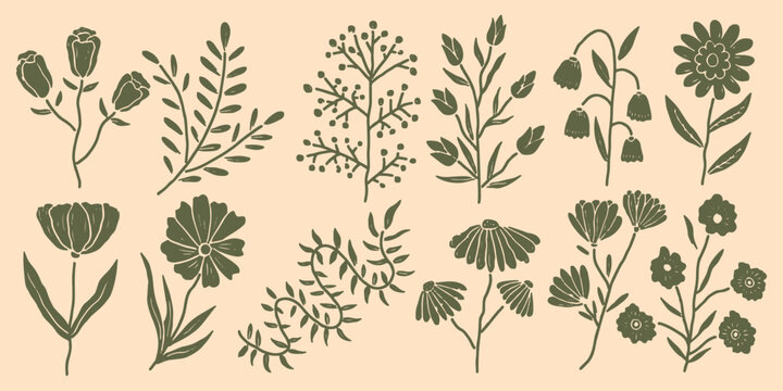 Set of minimalist organic wildflower silhouettes and leaves in hand drawn. Rustic folk art floral doodles for decorative design elements