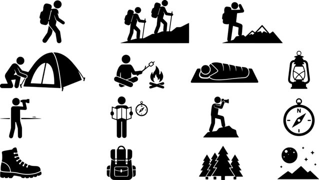 Camping icons set with people hiking and outdoor activities