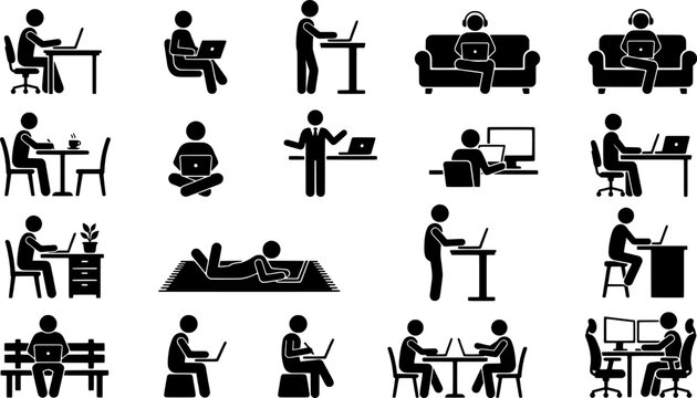 Black silhouette icons of people working on laptops and computers