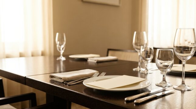 Elegant dining table setup with polished cutlery and generous copy space, refined hospitality concept for restaurant, menu showcase and event styling themes, clean place setting, soft light, realistic