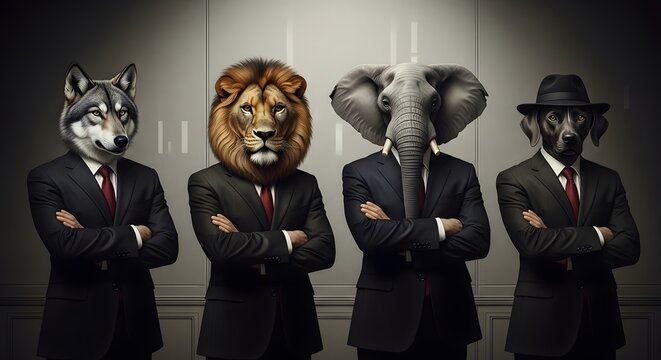 Business Animals Team Wolf Lion Elephant Man in Suits