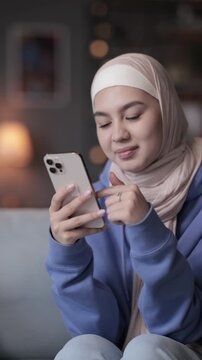 Hijab woman enjoying relaxed evening scroll with calm smile while browsing social media feed showing digital comfort soft dopamine lifestyle simple mobile habit and peaceful cozy online engagement