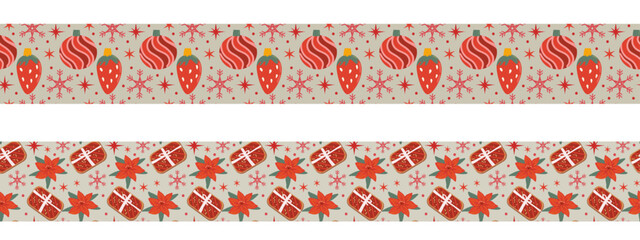 Red Christmas seamless border pattern set. Flat cartoon vector illustration. Christmas cookies and ornaments border on dark background. Christmas sled with holly berry and baubles with snowflakes. © ZhumaStudio