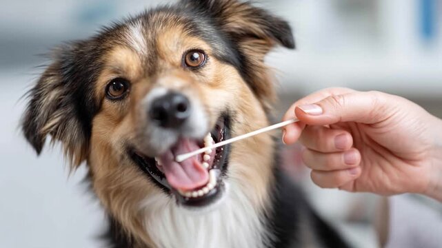 Unrecognizable Person Performing DNA Genetic Test on Relaxed Dog with Cotton Swab. Slow Motion.