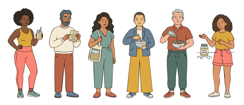 People eating hemp seeds set, diverse group characters enjoying healthy superfood diet, nutritional lifestyle icons, vegetarian nutrition concept, organic plant-based eating habits for wellness illust
