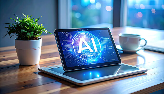 Tablet displaying glowing AI logo with abstract digital network, next to potted plant and coffee cup on wooden desk, office background bokeh