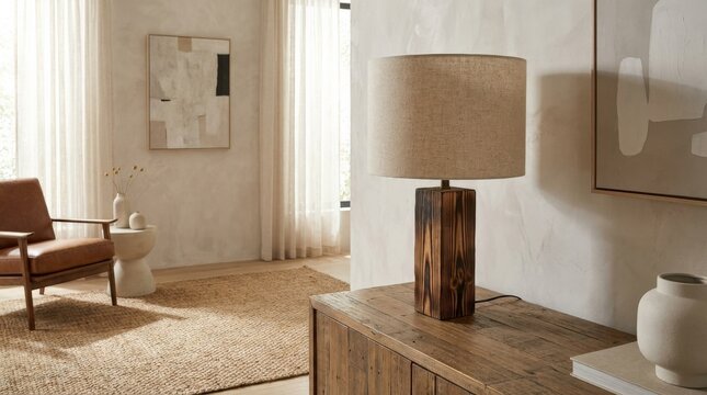 Vintage style pine lamp with fabric shade enhanced by shou sugi ban wood treatment, elegant interior styling, contemporary decor, realistic materials, balanced composition, soft daylight, crisp focus,