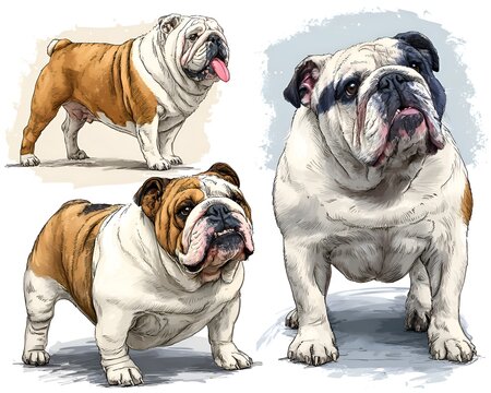 Three detailed watercolor illustrations showcase the endea expressions and stout build of the beloved english bulldog breed with its unique