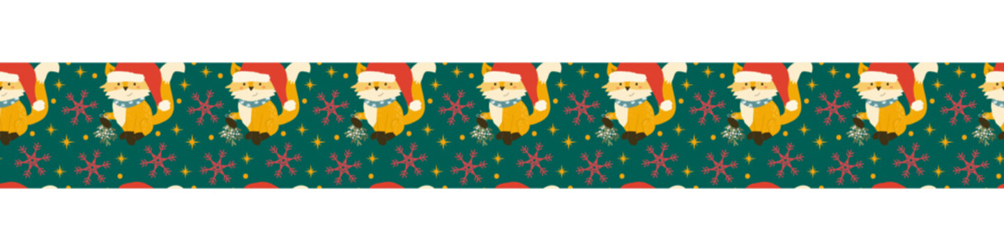 Christmas seamless border with cute forest animal and festive decorations. Winter holiday design featuring woodland fox, ornaments, and seasonal elements for greeting cards.