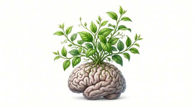 Conceptual illustration of a human brain with a green plant growing from it, isolated on a white background, representing mental growth, creativity, ideas and potential