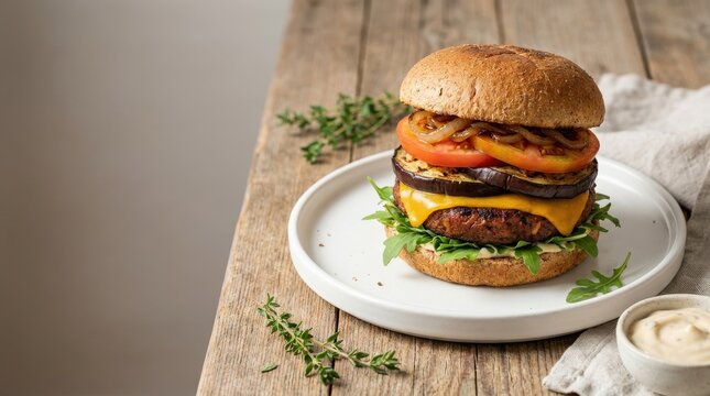 Tall vegan burger including plant based meat vegetables cheese and onion with space for text, appetizing food styling, menu appeal, rich texture, clean plating, realistic detail, soft natural light,