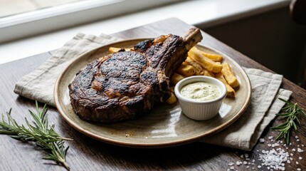 Tender beef rib steak alongside hand cut fries and a small bowl of dipping sauce, appetizing food styling, menu appeal, rich texture, clean plating, realistic detail, soft natural light, crisp focus, © Coosh448