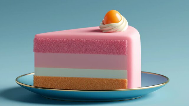Colorful layered cake with pink, white, and orange sections topped with cream and a cherry, displayed on a blue plate against a soft blue background
