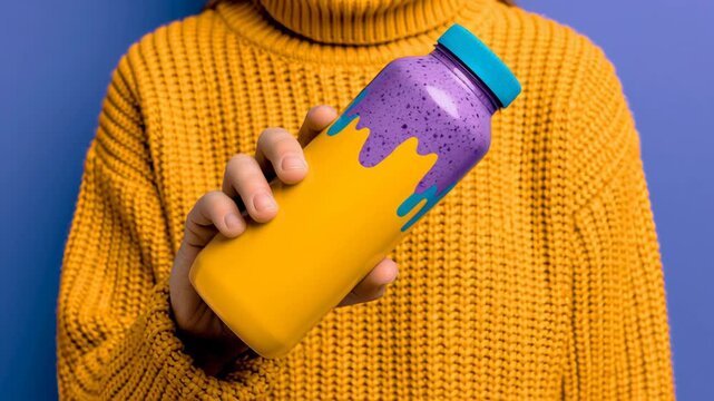 Female holding colorful drink bottle with purple and yellow design, wearing a cozy yellow sweater against a vibrant blue background in a studio setting