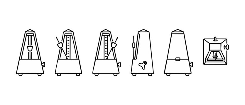 Metronome icon set, musical beat measuring device, tempo timing instrument in flat line style, black outline vector illustrations of mechanical metronomes for music production, rhythm control and educ