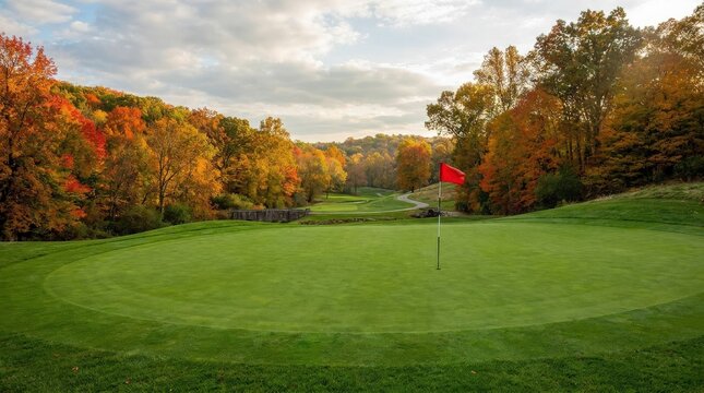 Vivid green golf putting area with a red flag waving on a crisp autumn afternoon, scenic landscape composition, natural atmosphere, seasonal color, realistic depth, soft light, crisp focus, travel and