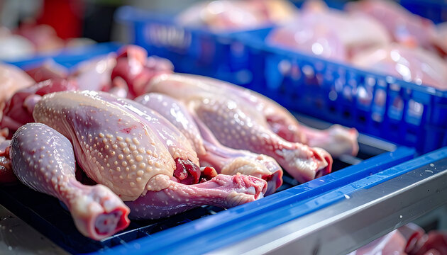Raw chicken legs and thighs displayed in blue plastic crates at a food processing plant or market, prepared for sale and distribution