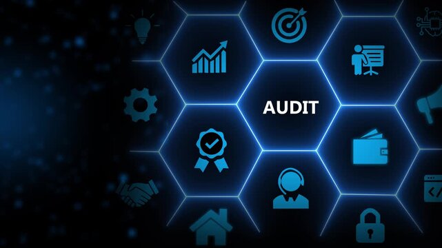 Audit business concept. Examination and evaluation of the financial statement of an organization; income statement, balance sheet, cash flow statement. Businessman touching on audit, smart background.
