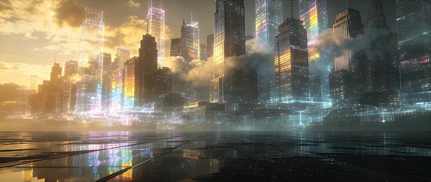 Holographic Digital Human Interface Holographic interface futuristic city skyline with glowing tower, mist, reflective floor, sunrise and sunset reflections, futuristic glass skyscraper focus