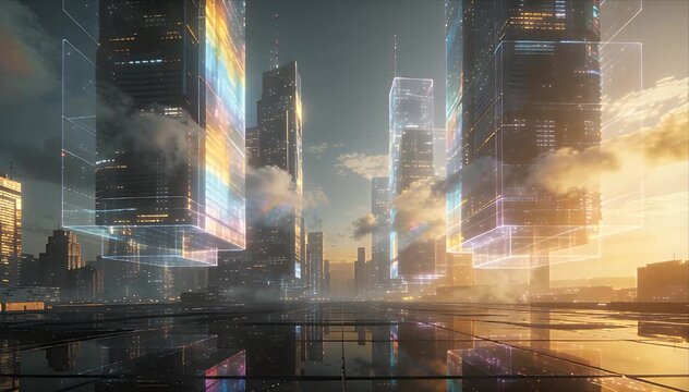 Holographic Digital Human Interface Holographic interface futuristic cityscape with glowing tower skyline, reflective surface, digital skyscraper, misty light, sunset cloud mood