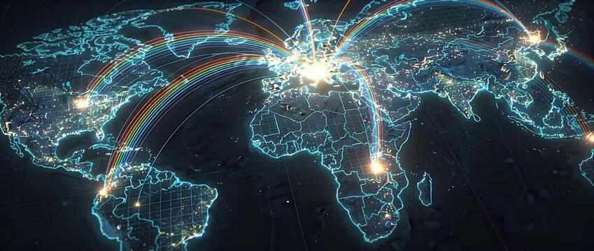 Holographic Digital Human Interface Global network map digital world with glowing connection lines, holographic interface, internet communication data transfer, futuristic worldwide digital