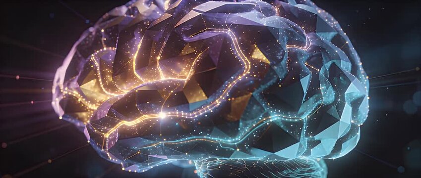 Holographic Digital Human Interface Holographic interface digital brain glowing abstract technology network blue light concept with futuristic neural network and polygon surface in dark background