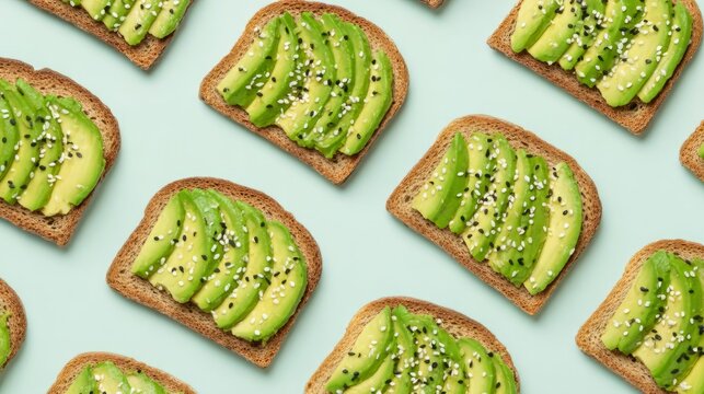 Pattern of avocado toast slices with sesame seeds on a light blue background. Healthy breakfast snack with green vegetable on whole wheat bread. Organic vegan food flat lay concept.