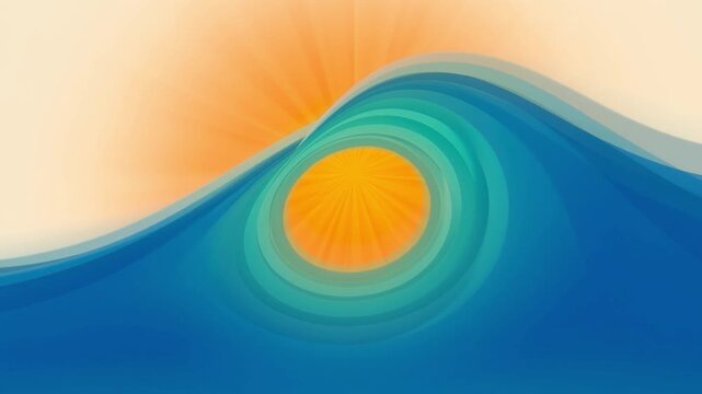 Vibrant blue wave curling around a golden sun in a serene minimalist digital illustration on cream.