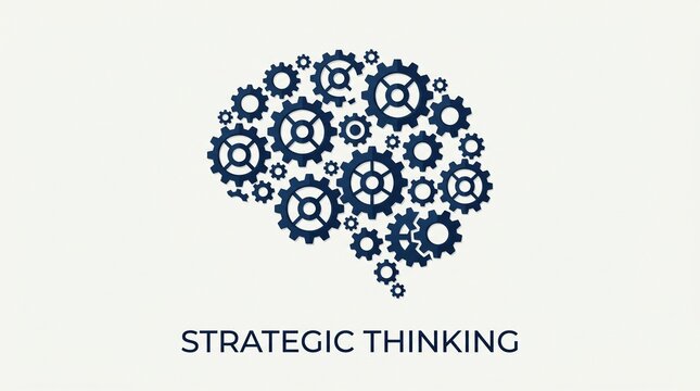 Human brain shape composed of dark blue mechanical gear icons representing complex problem solving and logical thought processes