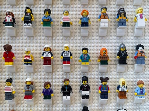 April 2026, Singapore: LEGO minifigures displayed on a white wall.