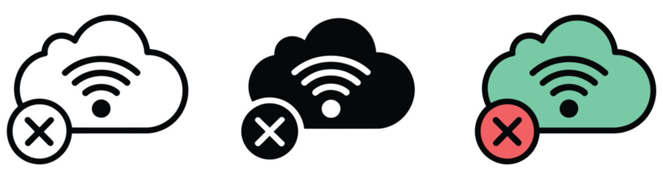 Cloud network disconnected icon set, offline status and server down symbols, internet loss and connection error indicators