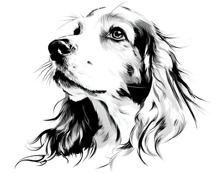 A beautifully detailed black and white illustration showcases the elegant head of a Cocker Spaniel dog looking upward intently.