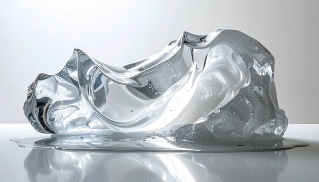 Abstract clear ice sculpture melting slowly with light reflections on a smooth surface