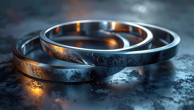 Abstract Interlocking Metal Rings with Reflective Surfaces and Industrial Texture