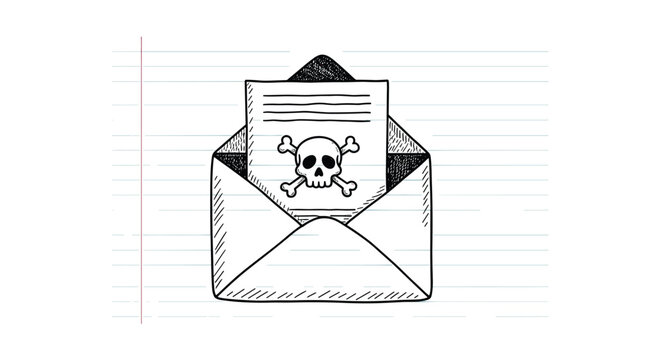 Envelope containing letter with skull and crossbones symbol representing dangerous content warning or malware security threat.