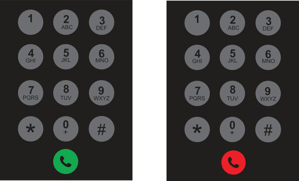Set, group, collection of Mobile Phone Dial Pad User Interface Design Modern Smartphone Calling Screen Layout Numeric Keypad with Call and End Call Buttons Dark Theme Telecommunication UI Concept