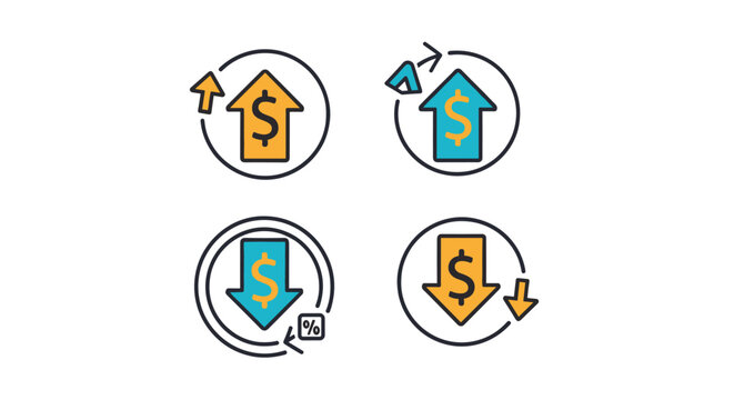 Set of financial icons showing dollar sign with arrows indicating currency increase decrease and interest rate changes.