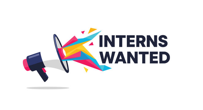 Interns wanted recruitment message is announced through a megaphone with colorful geometric shapes for hiring new talent.