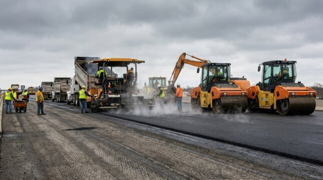 A road construction crew working on a highway with heavy machinery and fresh asphalt, steam, rollers and dark pavement textures under an overcast sky, dynamic infrastructure atmosphere,