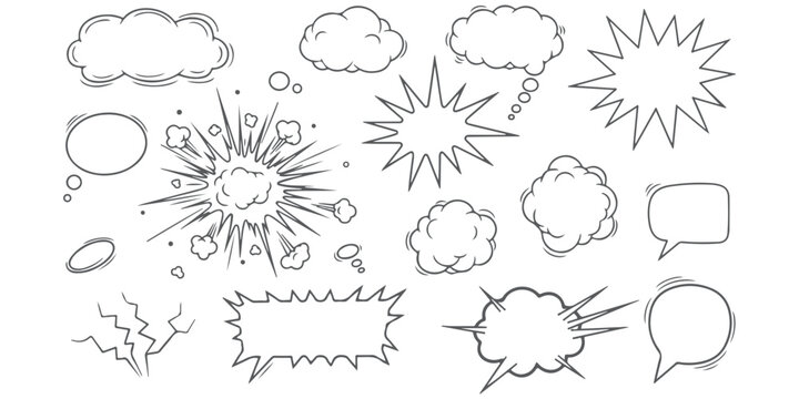 Set of hand drawn comic speech bubbles and sound effect blast shapes