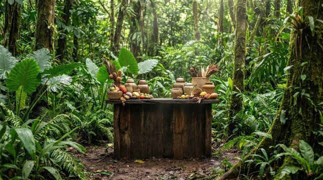 A wooden podium set in a lush tropical forest with a vibrant green backdrop, exotic product presentation scene with rich foliage and soft sunlight, ultra-realistic, no logos.