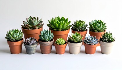 Fototapeta premium Assortment of assorted small potted succulents arranged in a collection of terracotta and ceramic pots